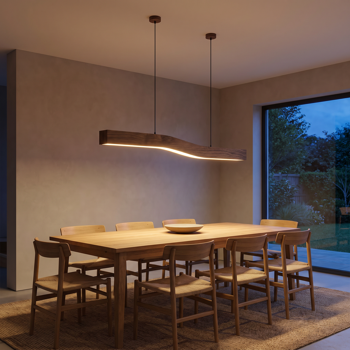 Minna dark wood-grain linear pendant glowing over a long oak dining table at dusk