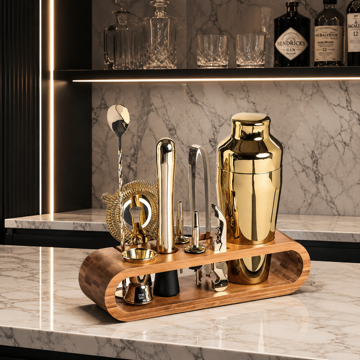 Mixology Pro 10-piece cocktail bartender set displayed on its bamboo stand