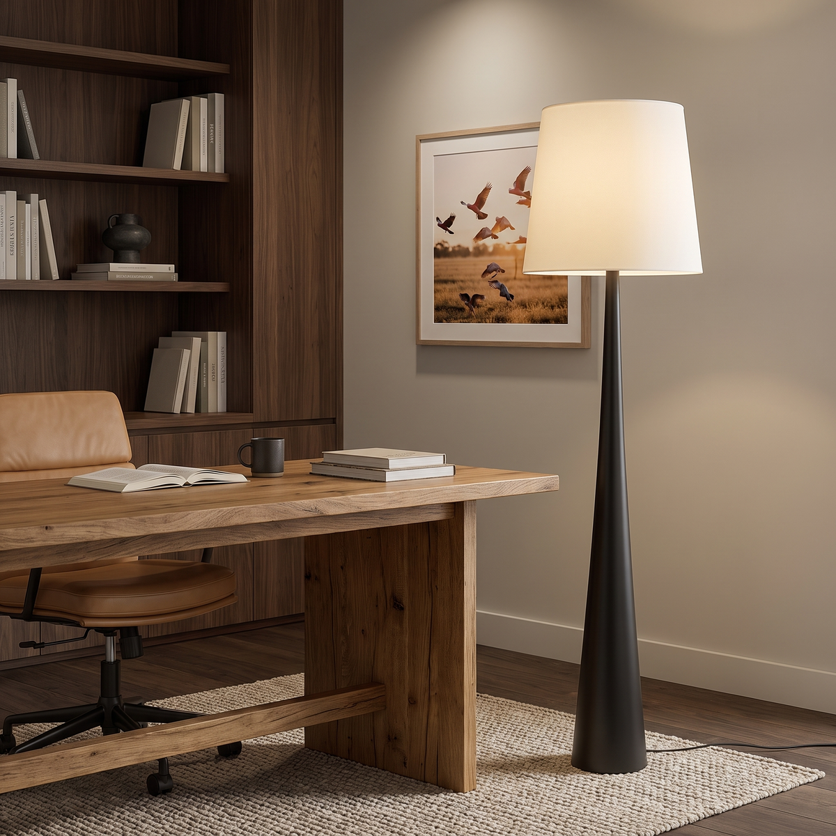 Moa Scandinavian Floor Lamp beside a timber desk in an Australian home office