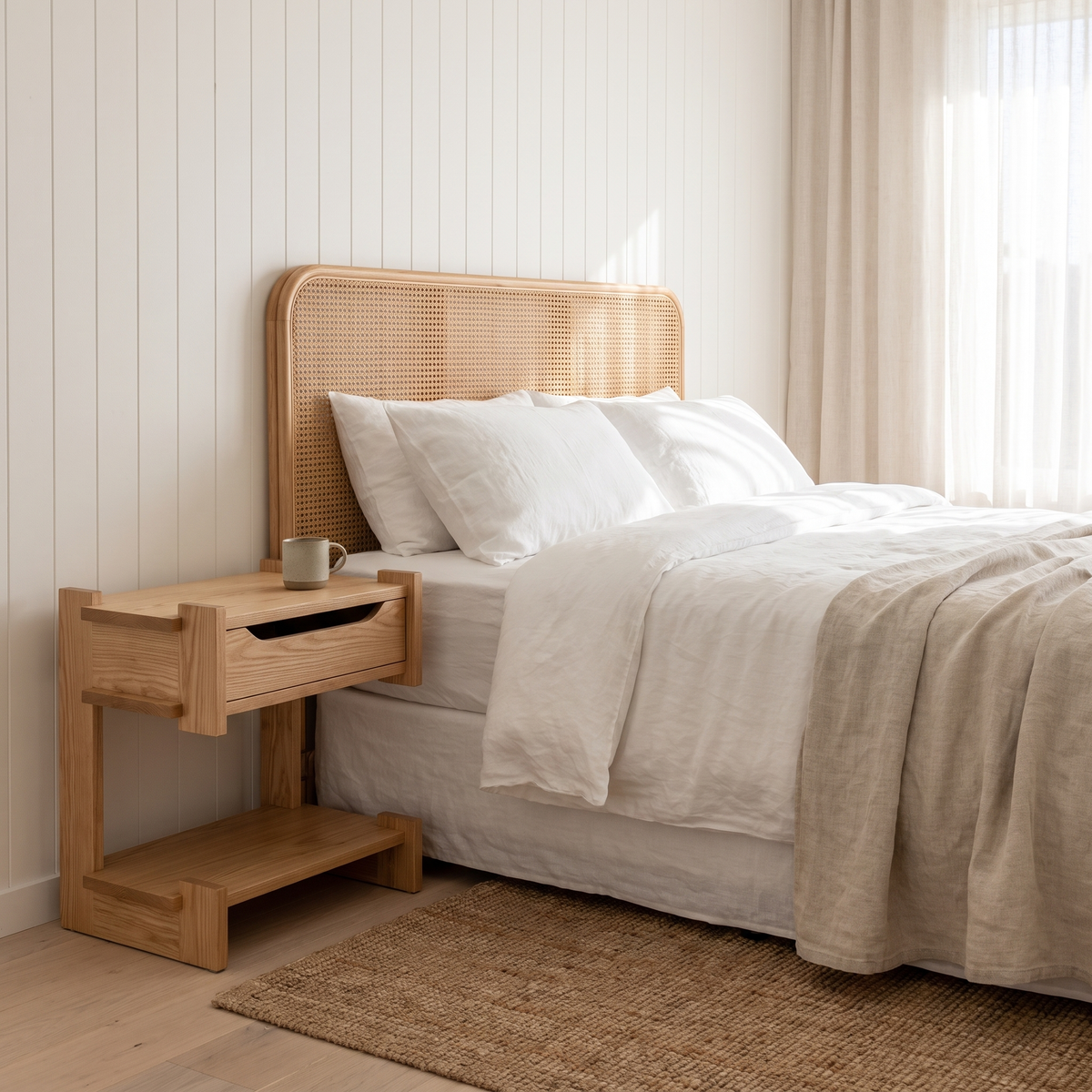 Mona Ash Wood Side Table with Drawer as a bedside table in a coastal bedroom with a cane bedhead