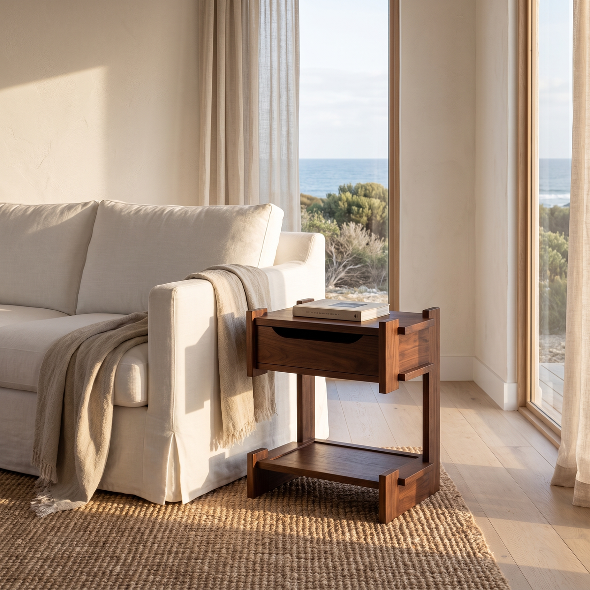 Mona Ash Wood Side Table with Drawer beside a white linen sofa in a coastal living room