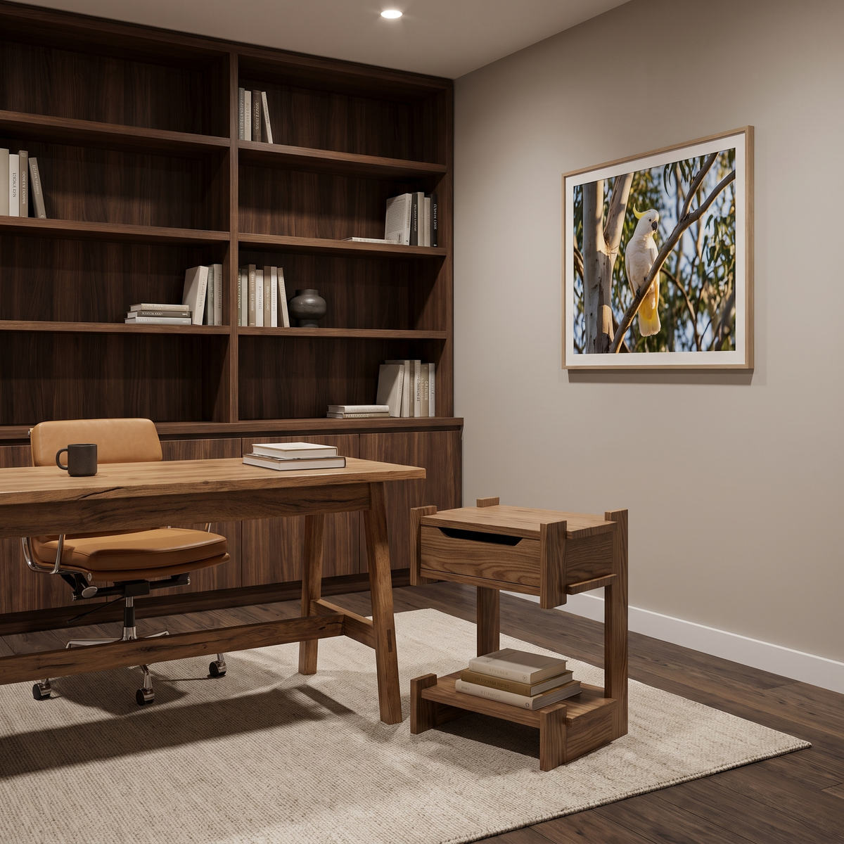 Mona Ash Wood Side Table with Drawer in a home office beside a timber desk and leather chair