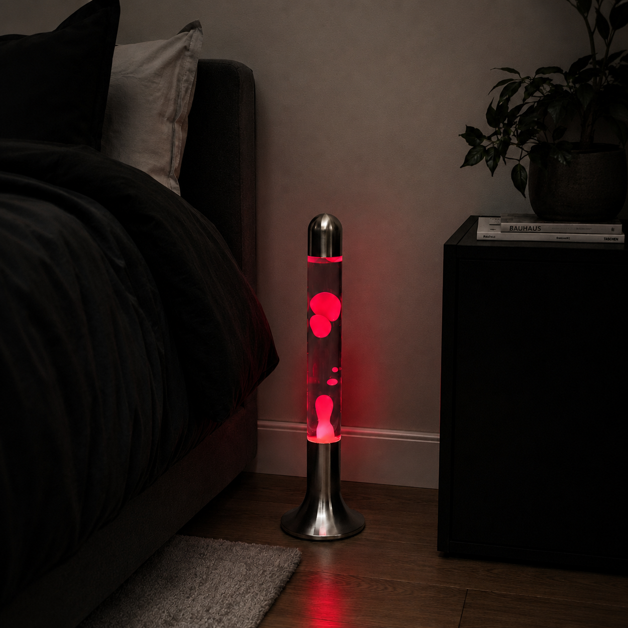 Moneray Lava Lamp glowing in a dark room
