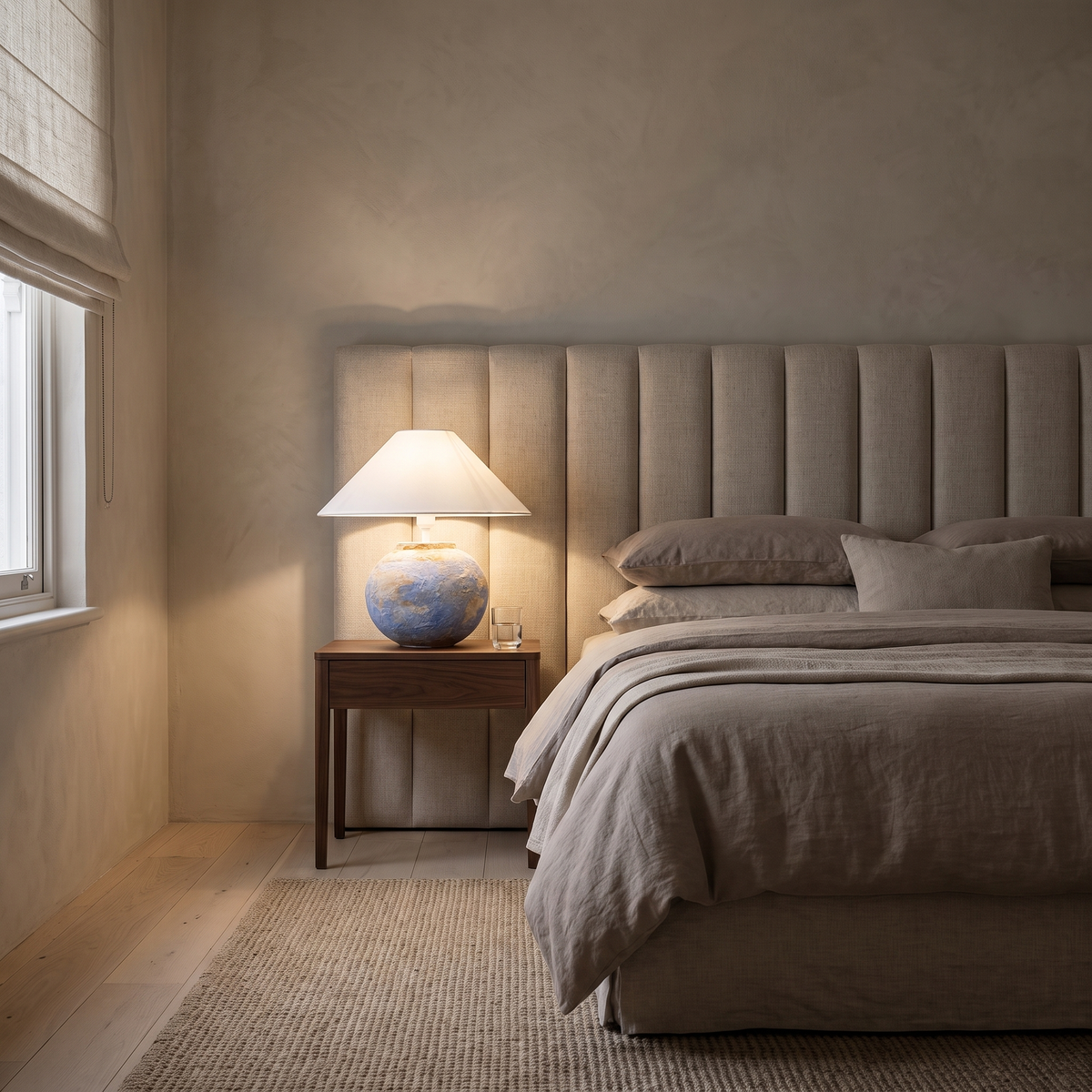 Monique Table Lamp with Watercolor lit on a walnut bedside table beside an upholstered linen headboard