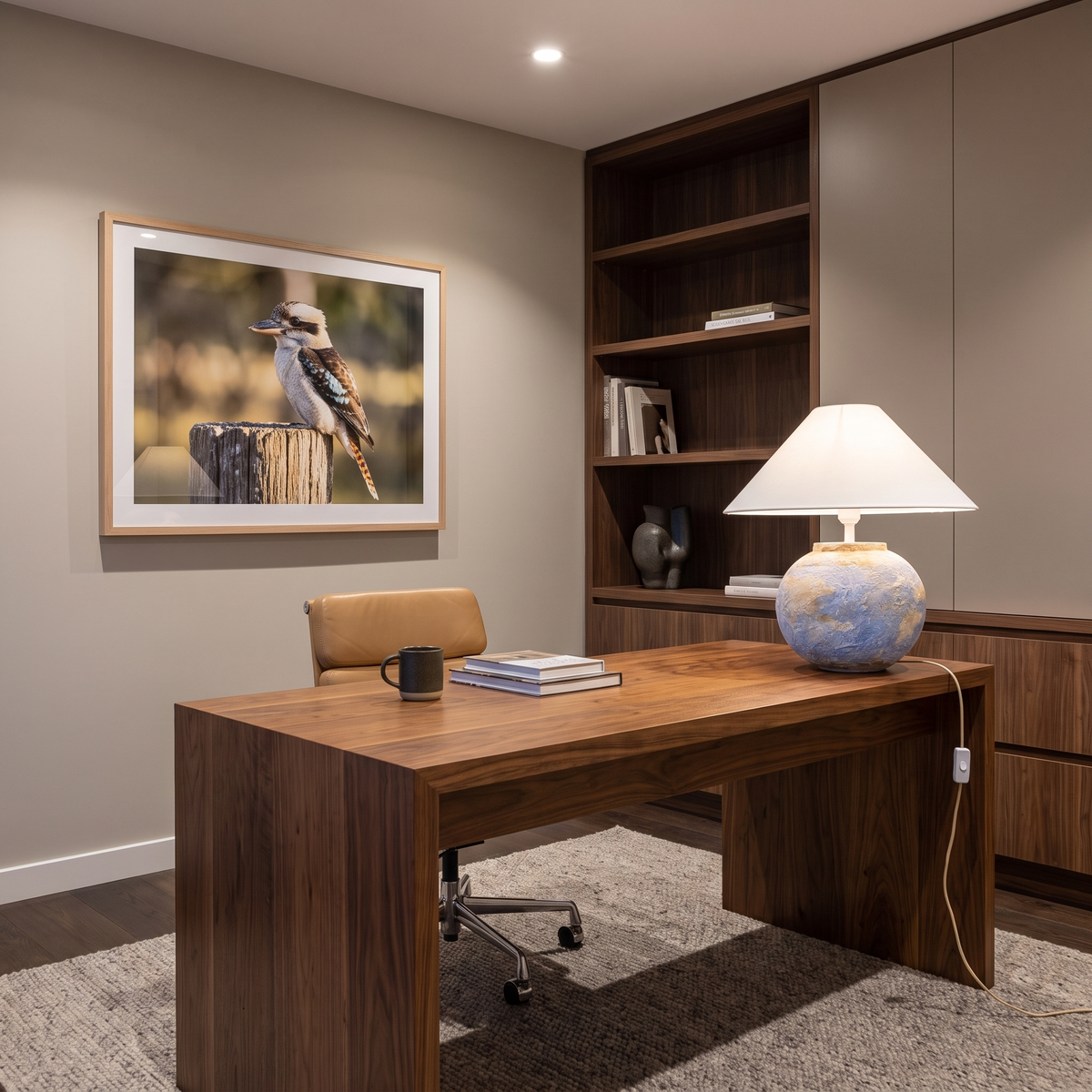 Monique Table Lamp with Watercolor on a timber desk in an Australian home office