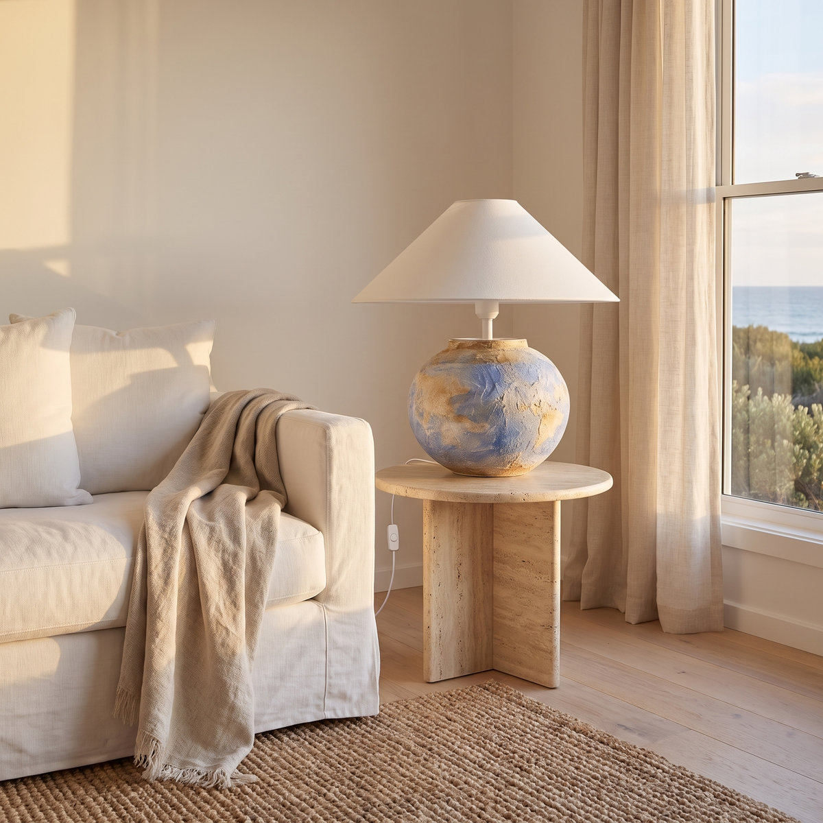 Monique Table Lamp with Watercolor on a travertine side table beside a white linen sofa