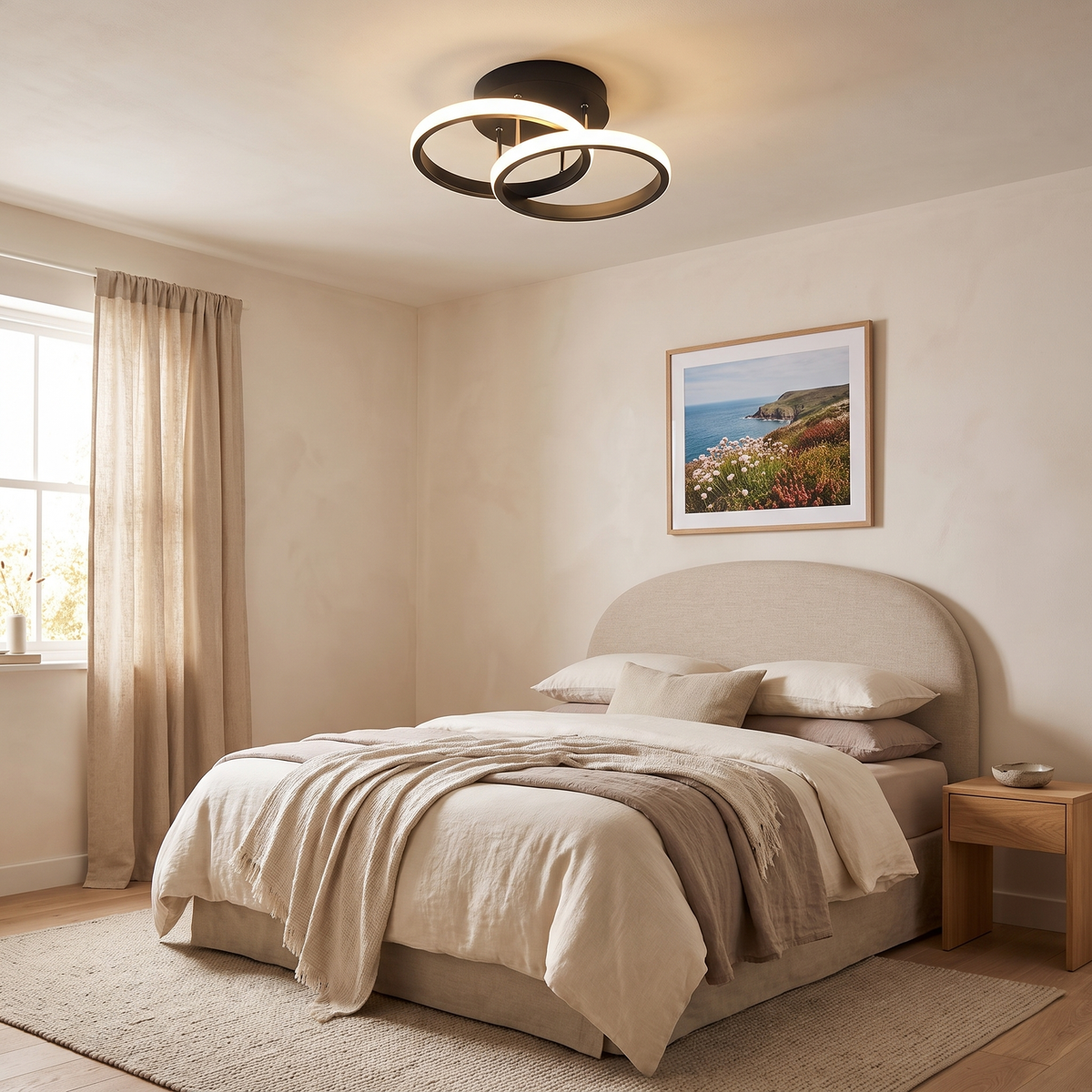 Monni looped LED ceiling light in a guest bedroom with a curved linen headboard