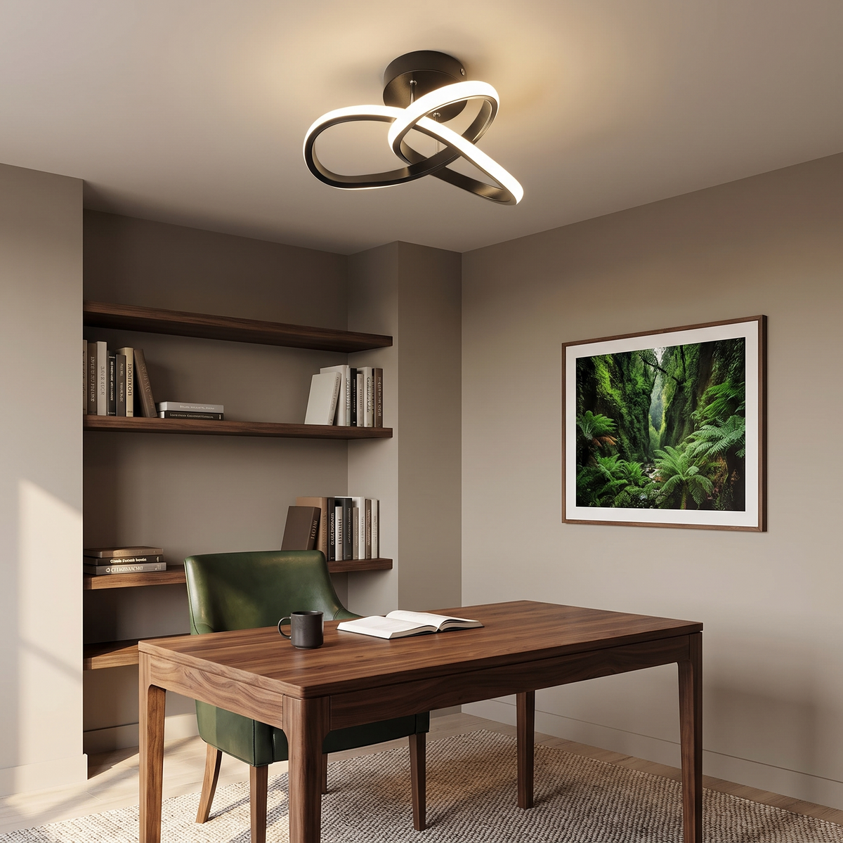 Monni sculptural LED ceiling light in a home office with a walnut desk and green leather chair
