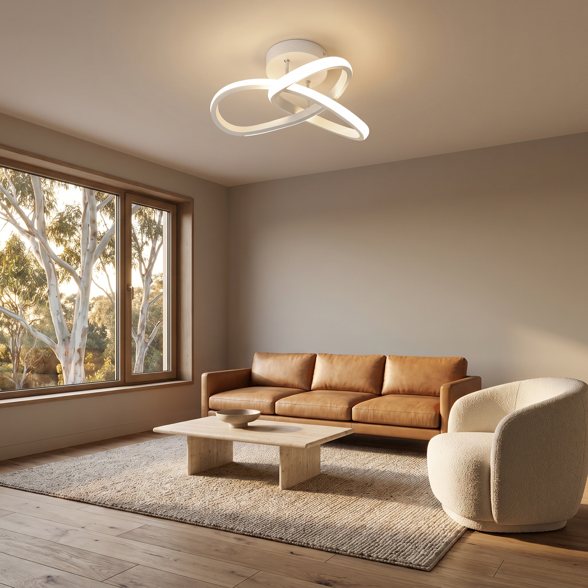 Monni sculptural LED ceiling light in a living room with a tan leather sofa and travertine coffee table