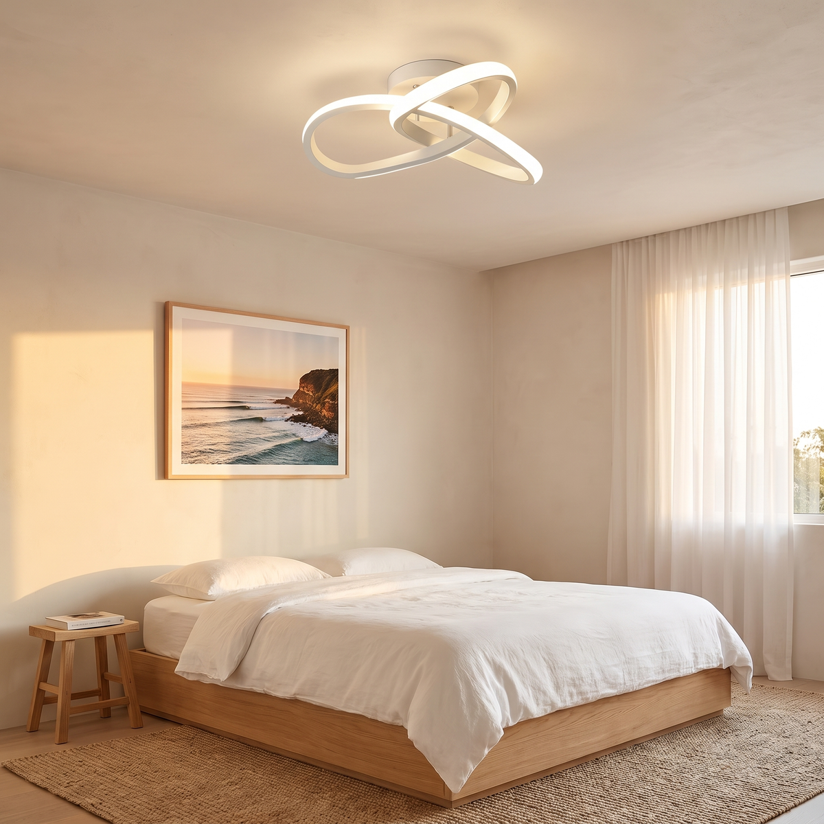 Monni looped LED ceiling light in a Scandinavian bedroom with a low oak platform bed