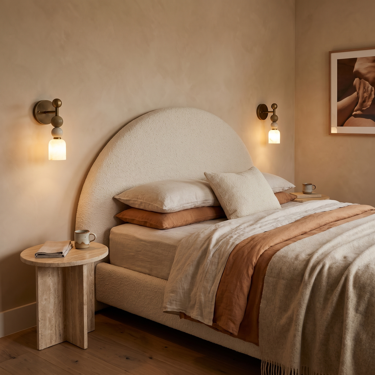 Monti marble bead wall light either side of a curved boucle bedhead in a luxury bedroom