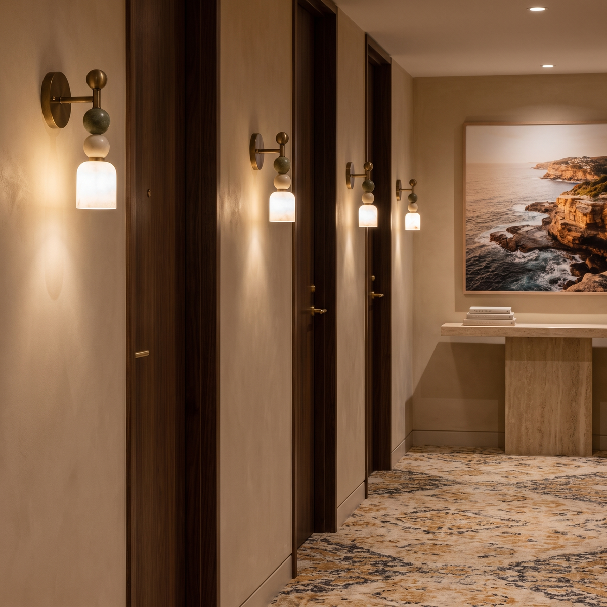 Monti marble bead wall light along a five-star Sydney hotel corridor