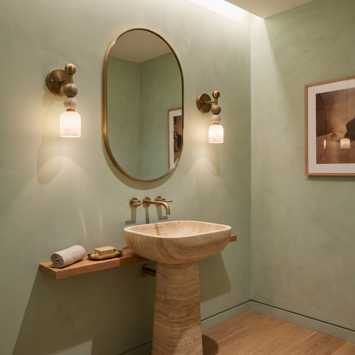 Monti marble bead wall light either side of an oval mirror in an elegant powder room