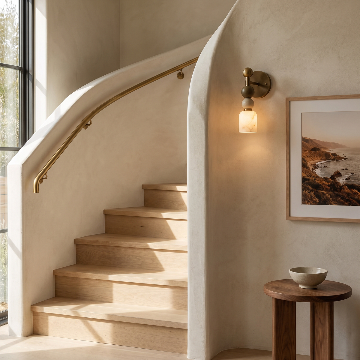 Monti marble bead wall light beside a curved staircase in a luxury new home