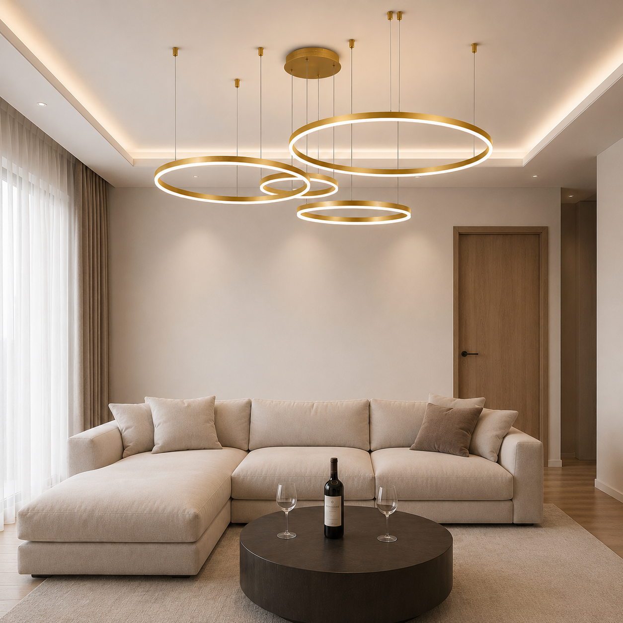 Moss Adjustable Ring LED Pendant Light above a dining table