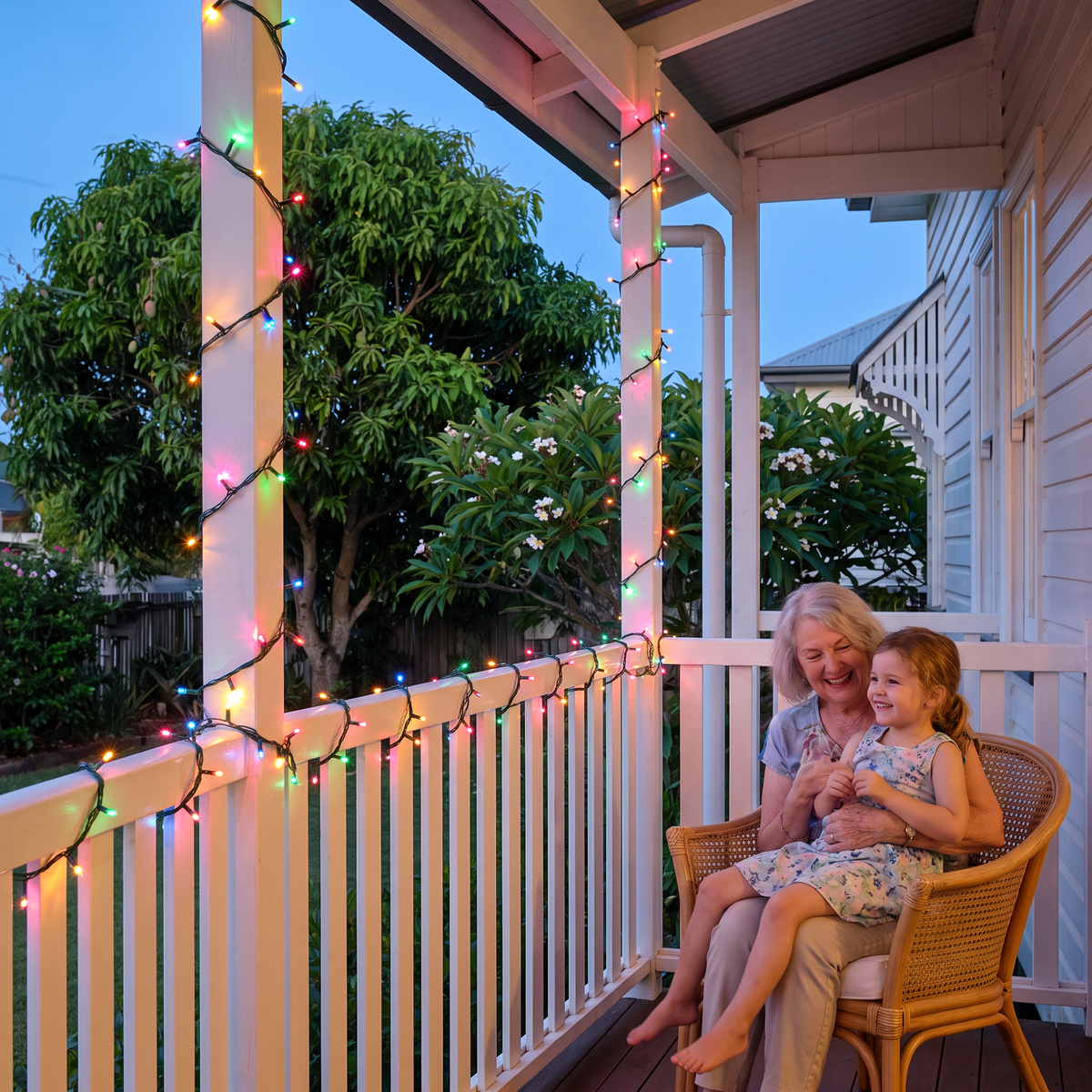 Mulligan multicolour LED fairy lights on a Queenslander verandah