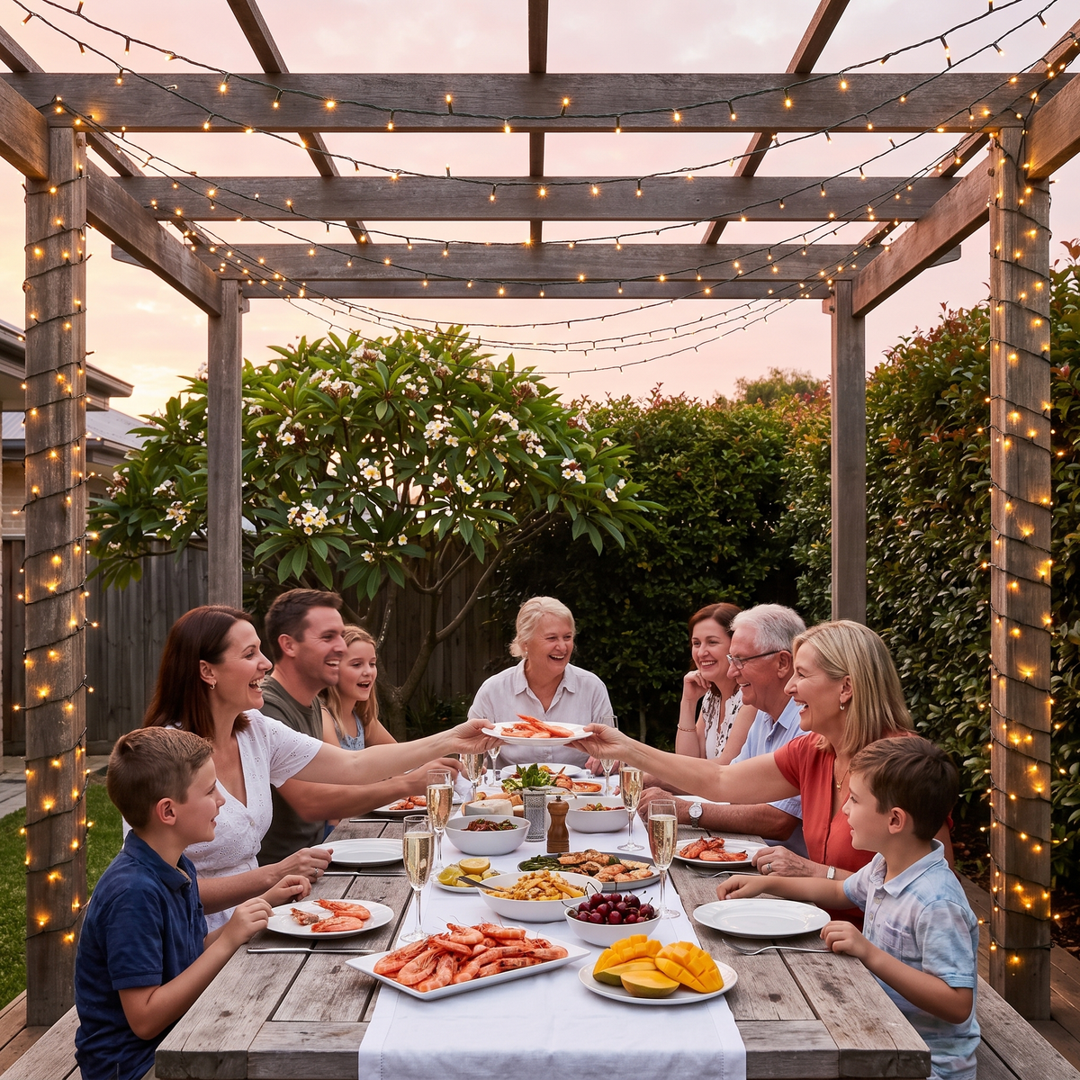 Mulligan warm white LED fairy lights draped over a pergola at Christmas dinner