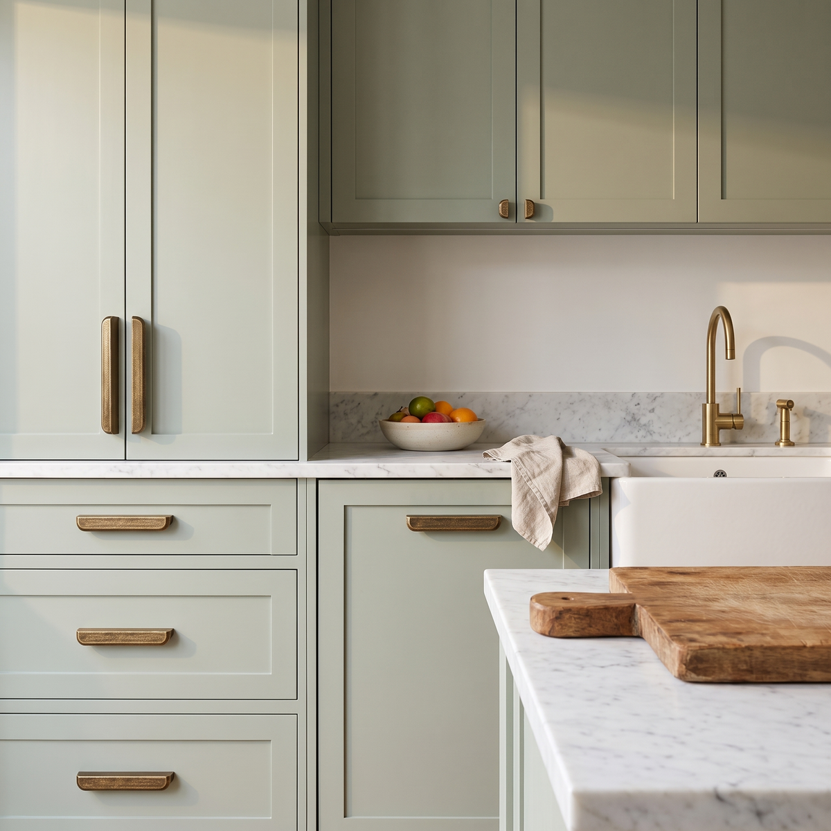 Murko antique bronze cabinet handles in large on sage green shaker kitchen cabinetry