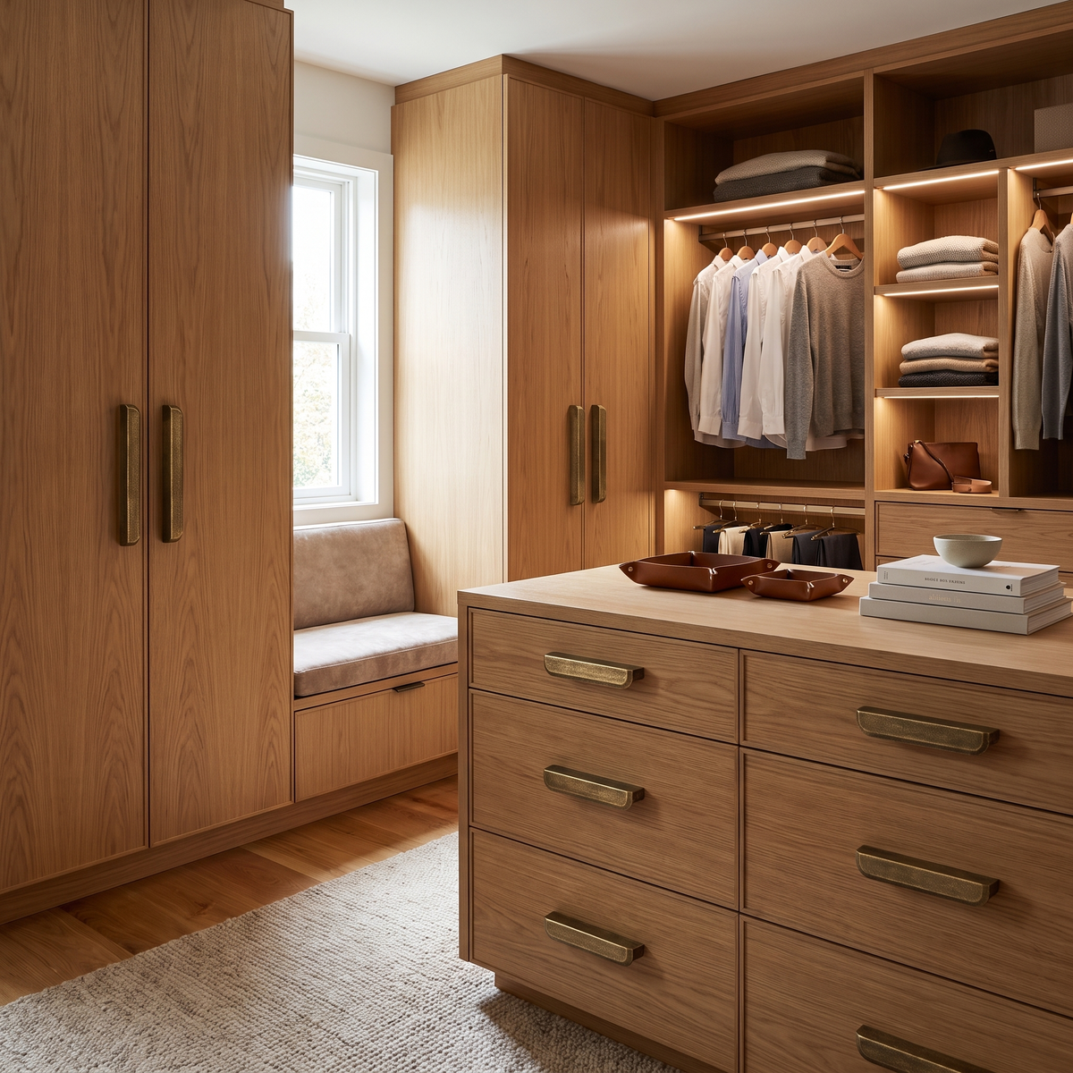 Murko antique bronze cabinet handles in large on oak wardrobe doors and drawers in a walk-in closet