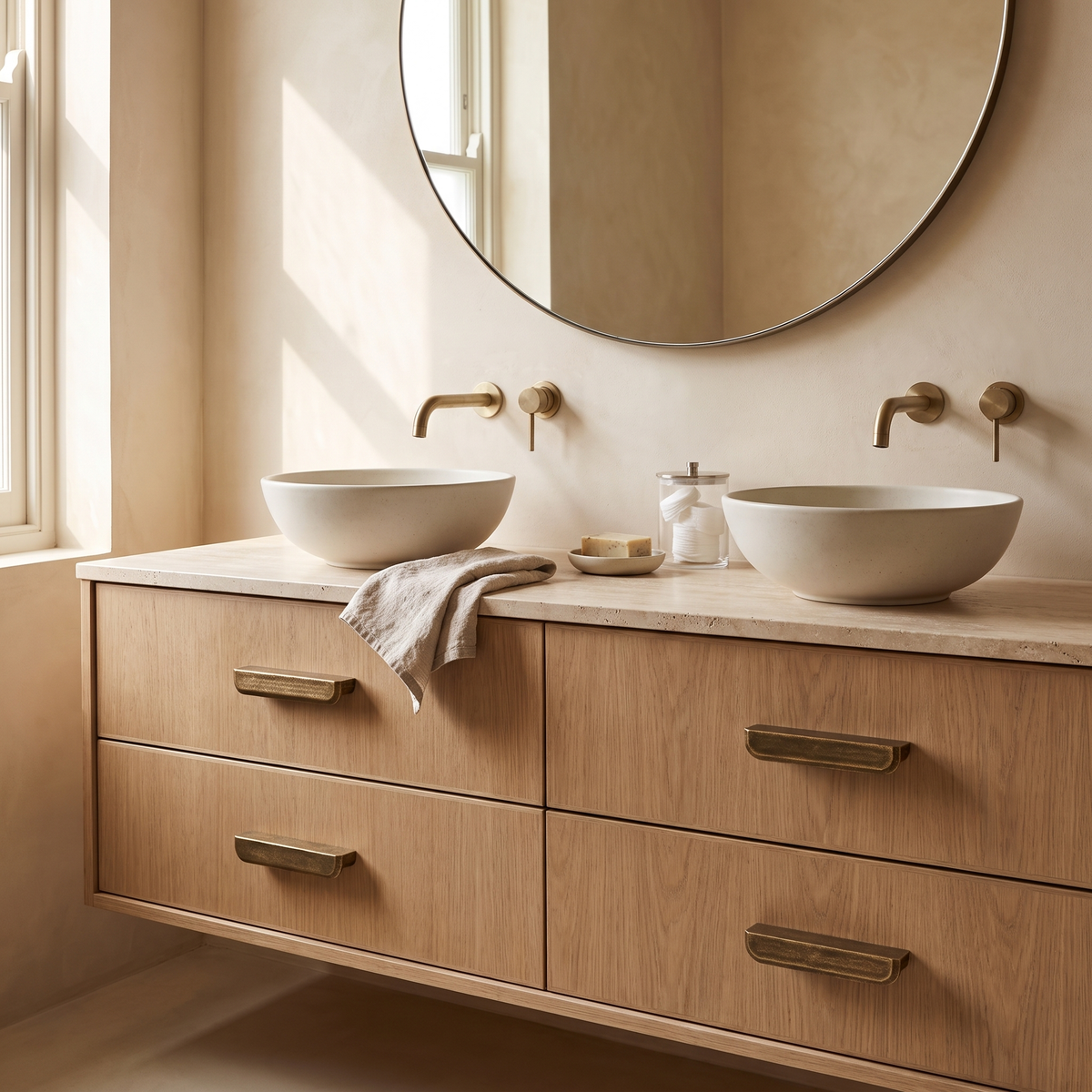 Murko antique bronze cabinet handles in medium on a floating oak bathroom vanity