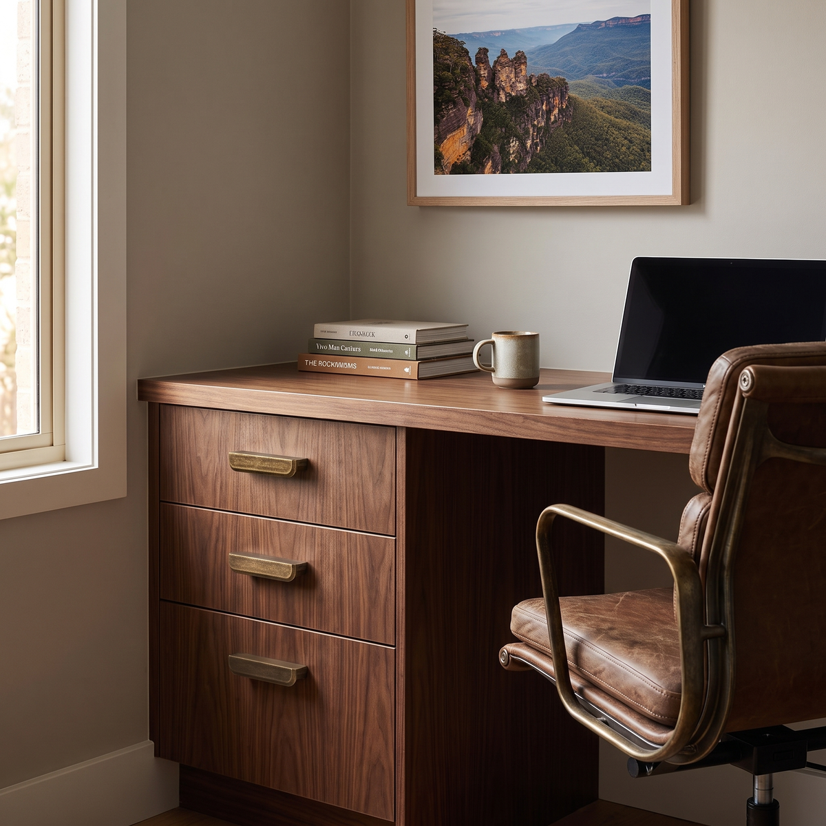 Murko antique bronze cabinet handles in medium on walnut desk drawers in a home office