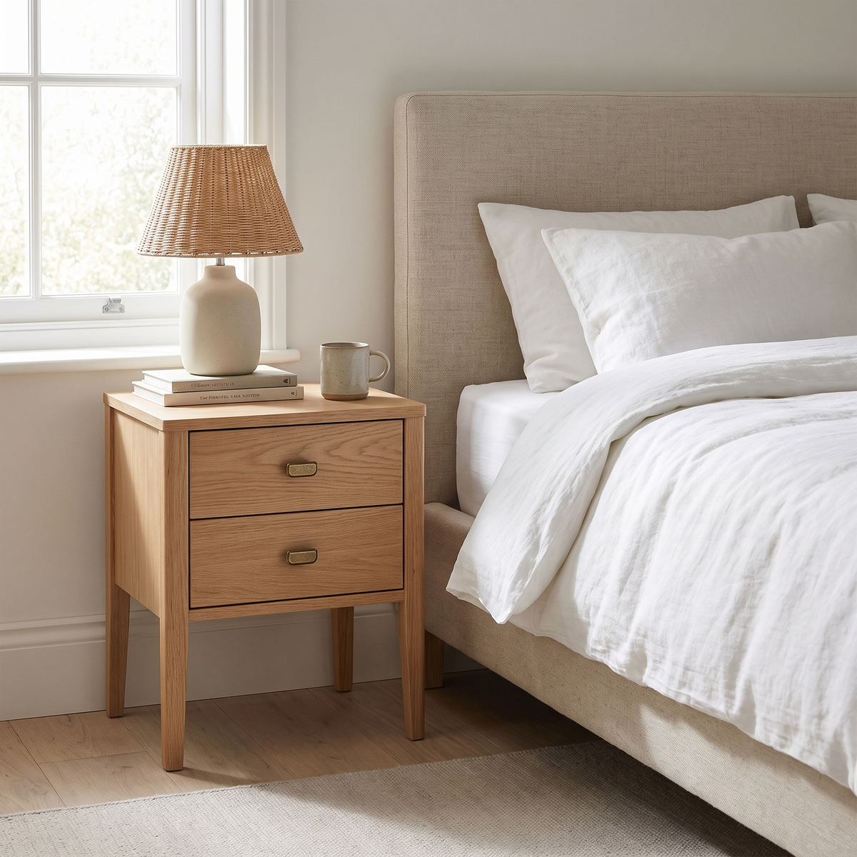 Murko antique bronze cabinet handles in small on an oak bedside table in a Scandinavian bedroom