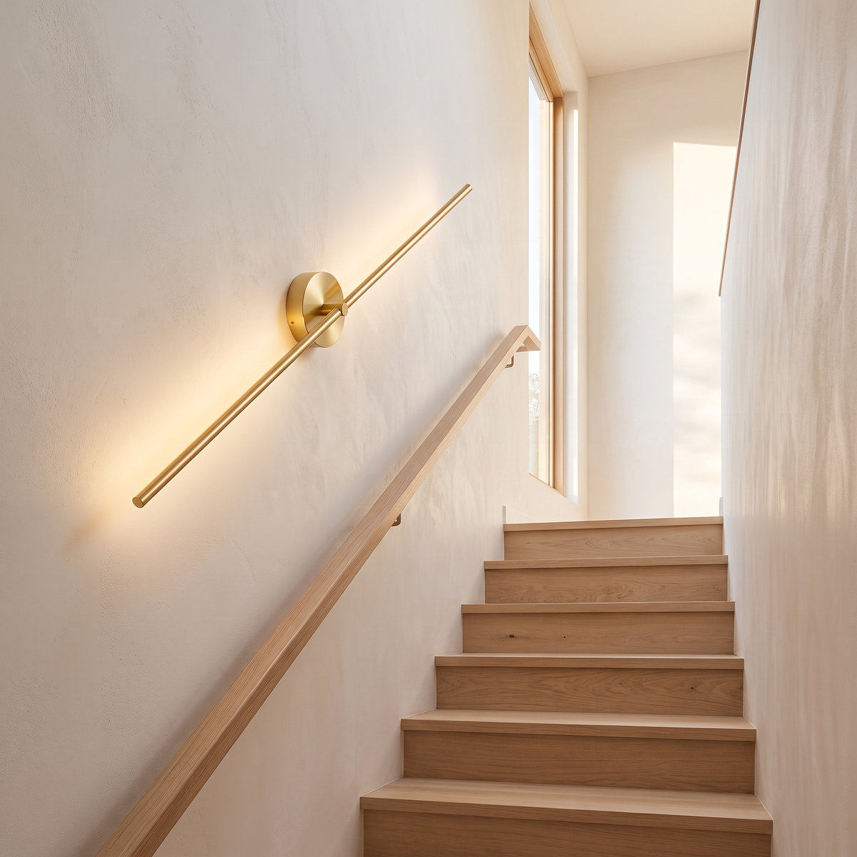 Muxlow gold wall light mounted on the diagonal along an oak staircase