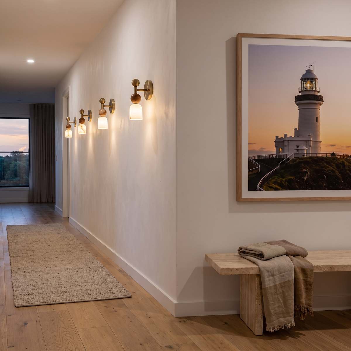 Nalu alabaster wall light along a Byron Bay hinterland beach house hallway