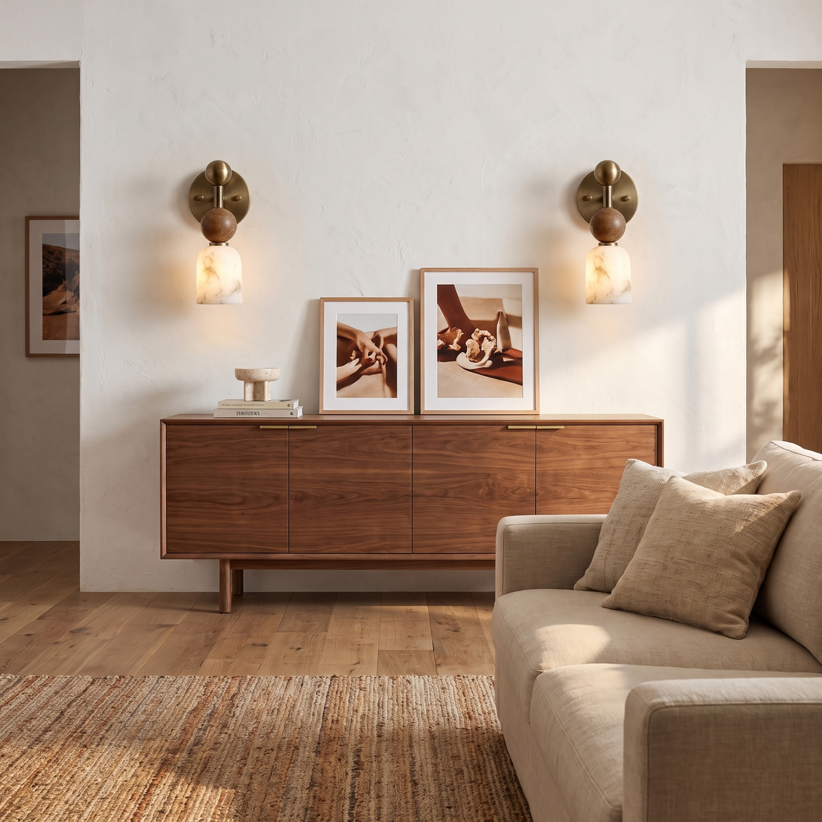 Nalu alabaster wall light above a walnut sideboard in a modern Australian living room