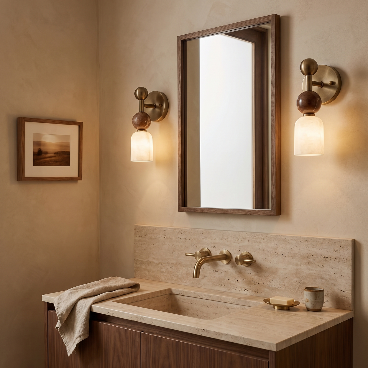 Nalu alabaster wall light either side of a slim mirror above a travertine basin