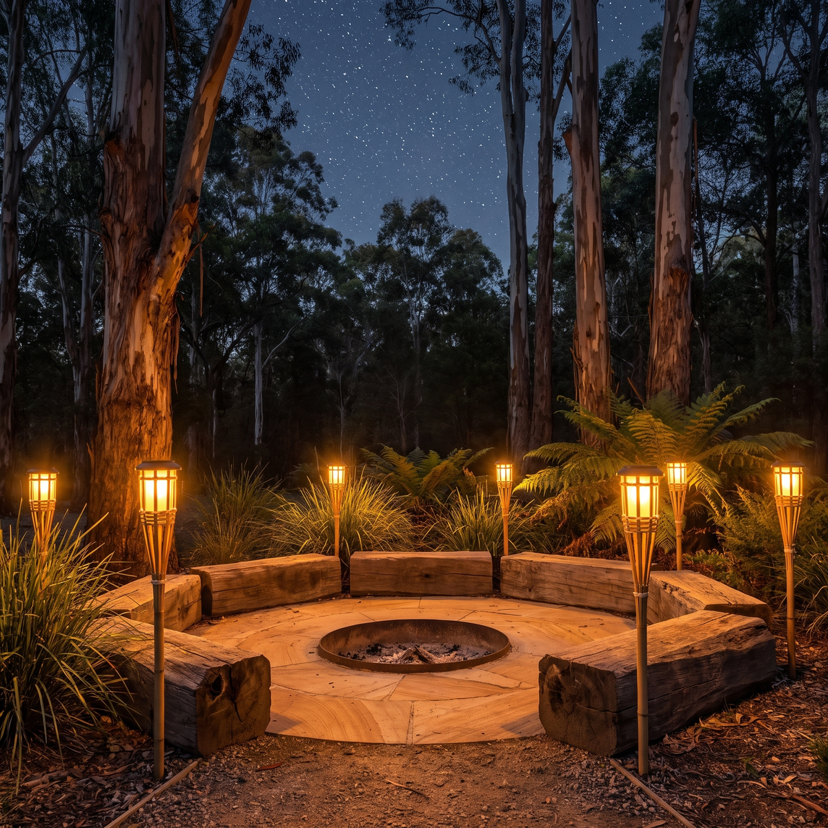 Namotu solar tiki torches around a backyard fire pit area at night