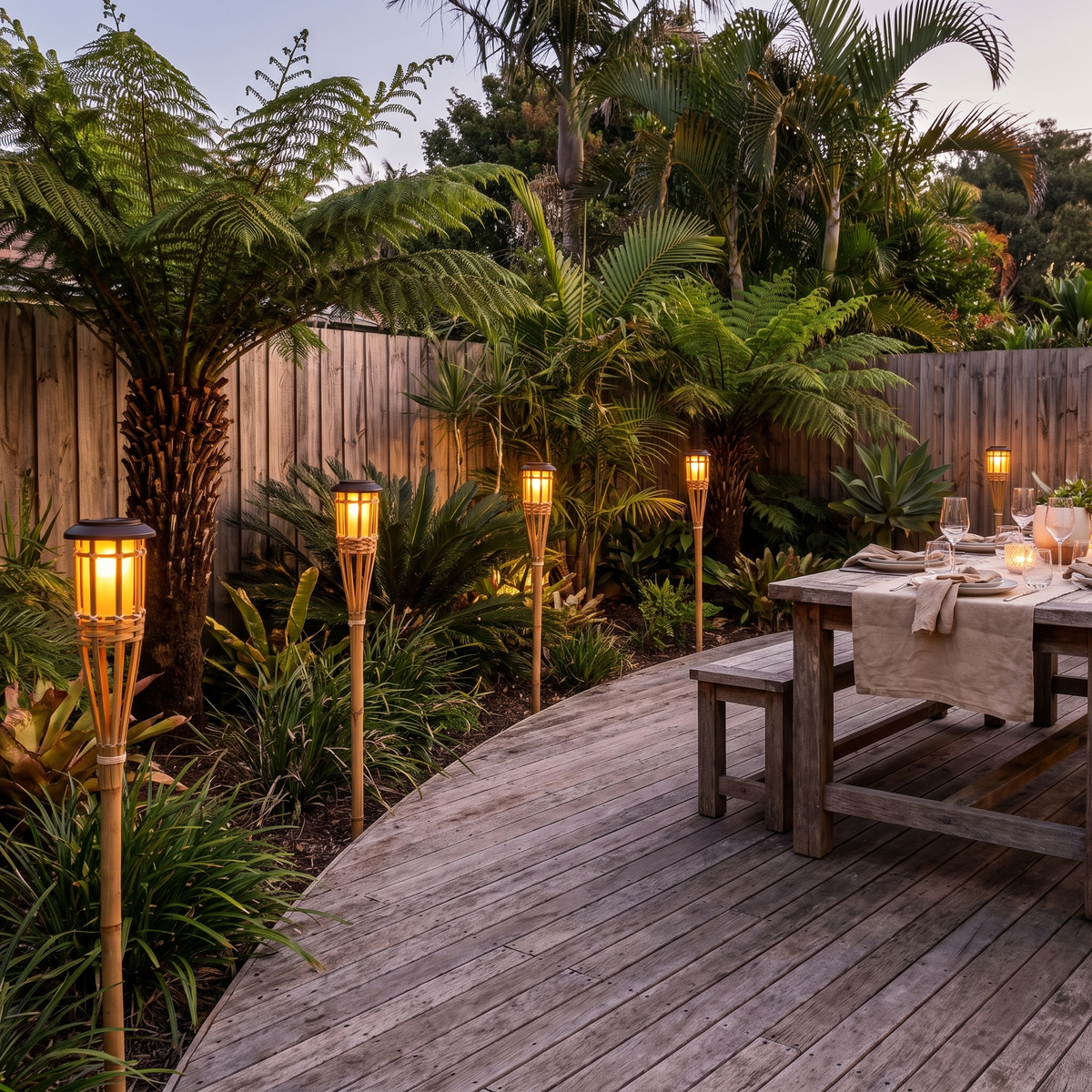 Namotu steady light solar torches around a timber deck garden bed