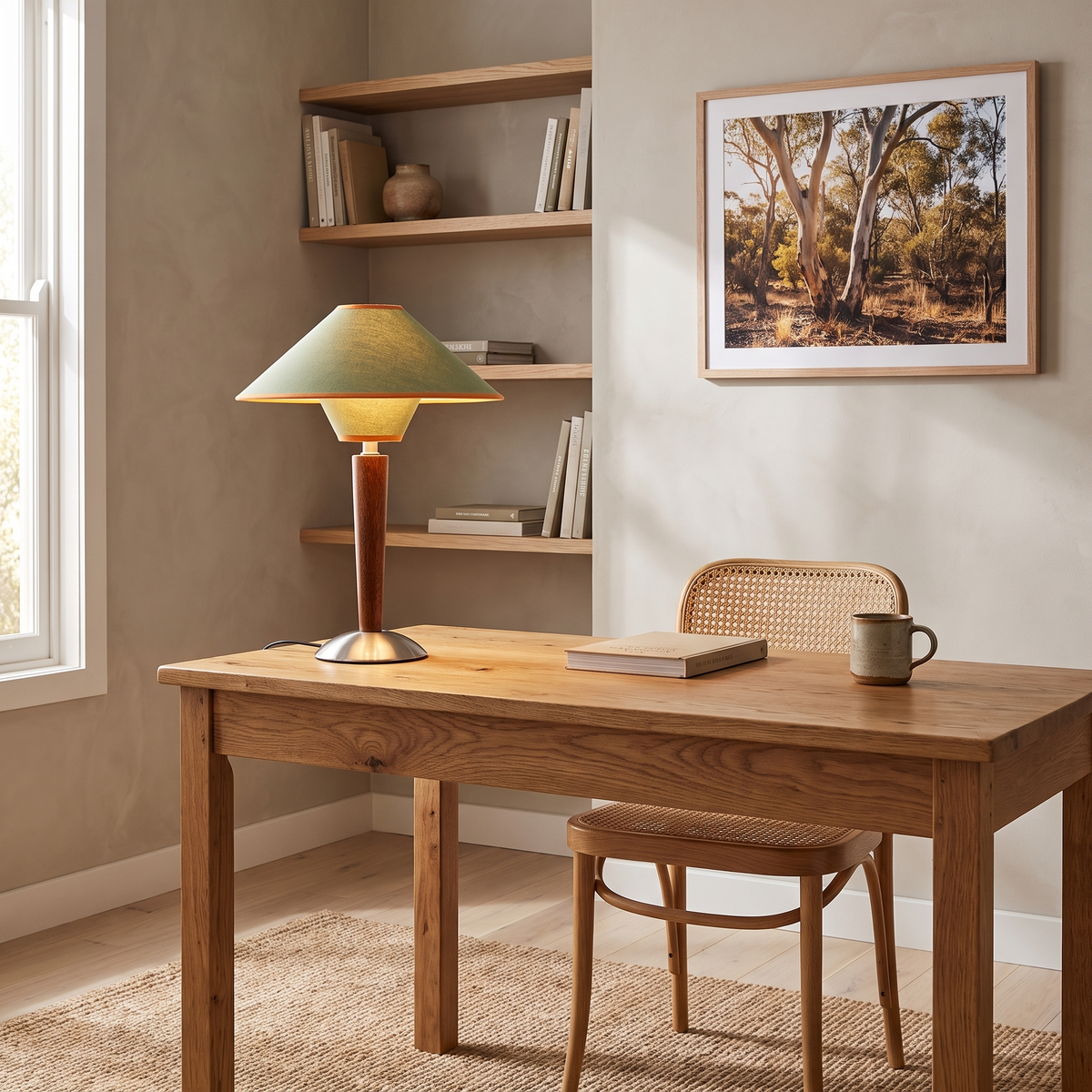 Nati Wooden Table Lamp in Green lit on an oak desk in an Australian home office