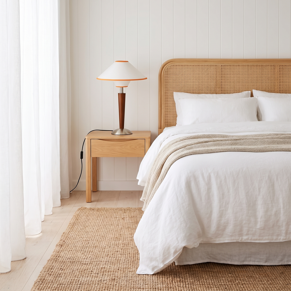 Nati Wooden Table Lamp in White on a bedside table in a coastal bedroom with a cane bedhead