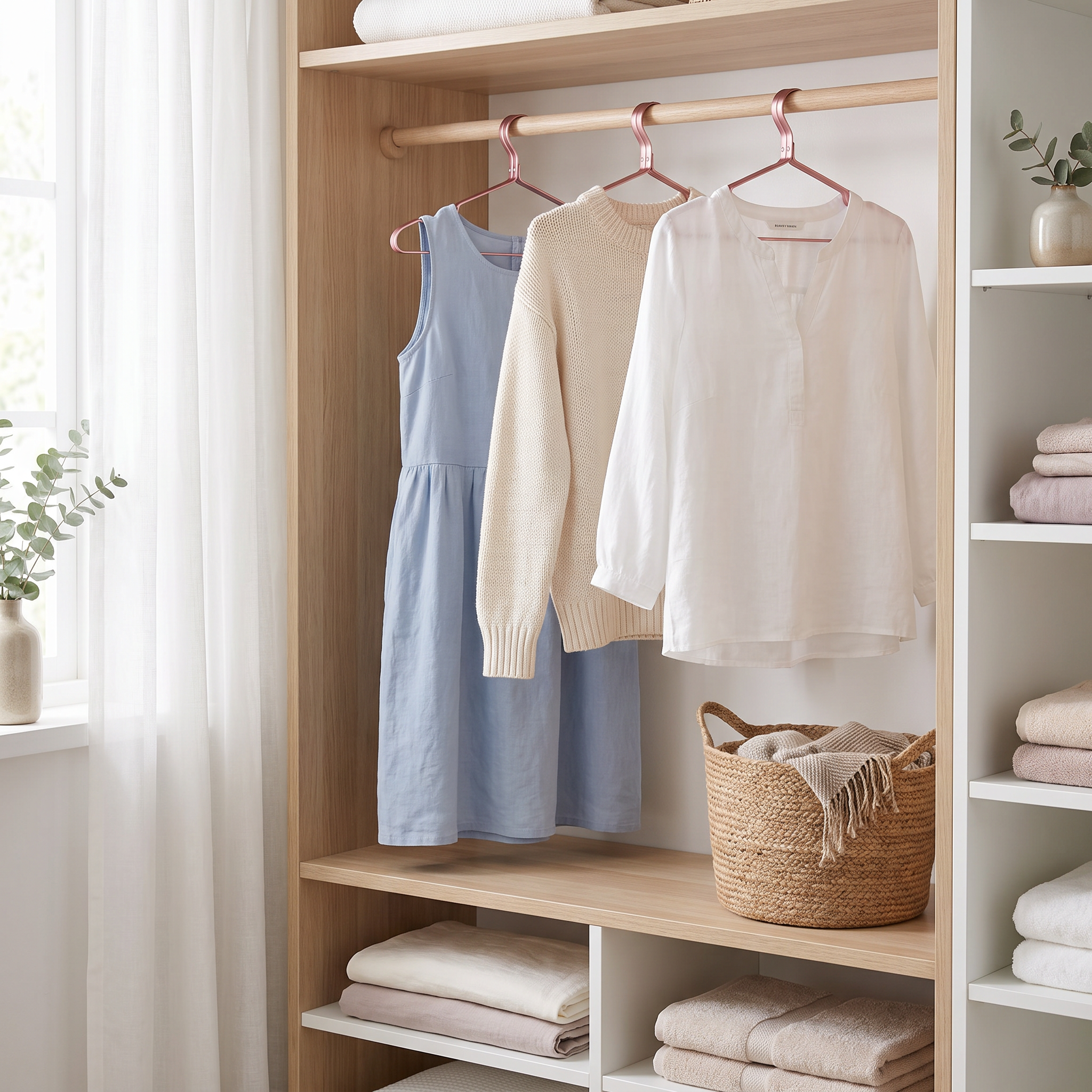 Ness rose pink aluminium clothes hangers holding soft-toned garments in a bright wardrobe