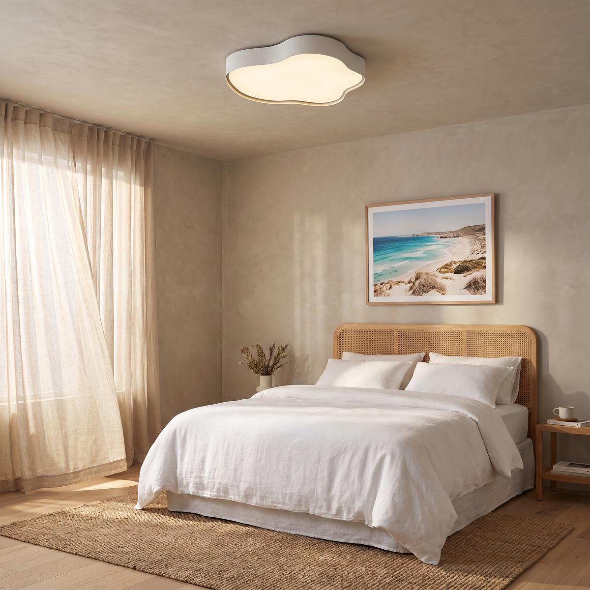 Ness LED ceiling light, a white cloud-shaped flush mount, in a coastal Australian bedroom with a rattan bedhead and white linen bedding