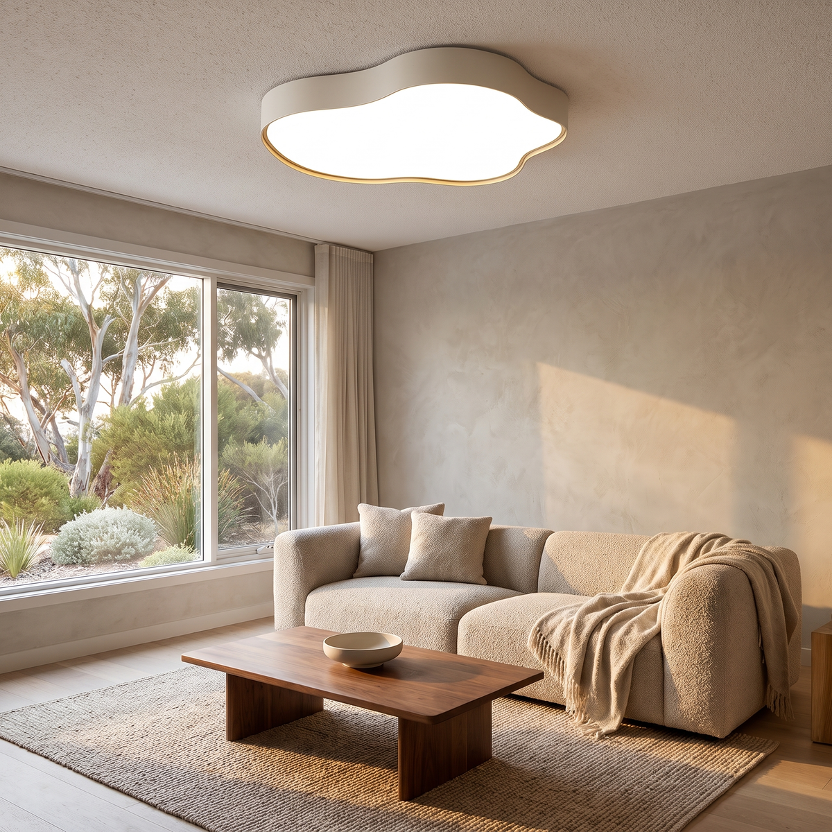Ness LED cloud flush mount ceiling light in a Scandinavian living room with a boucle sofa and sisal rug