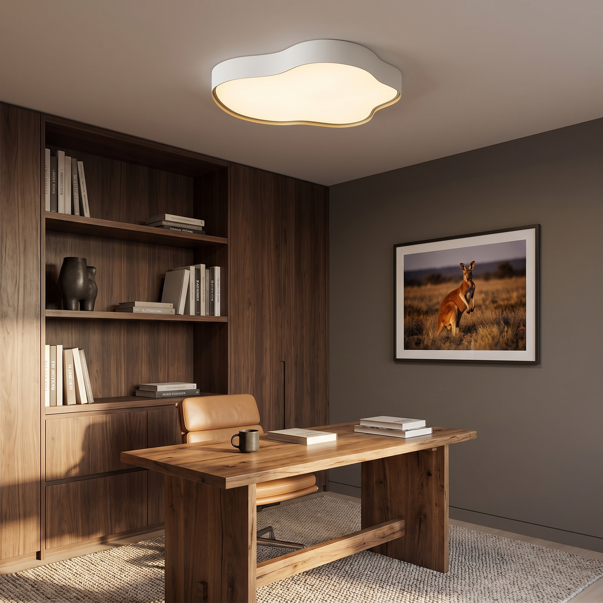 Ness LED cloud ceiling light above a walnut home office desk with a tan leather chair