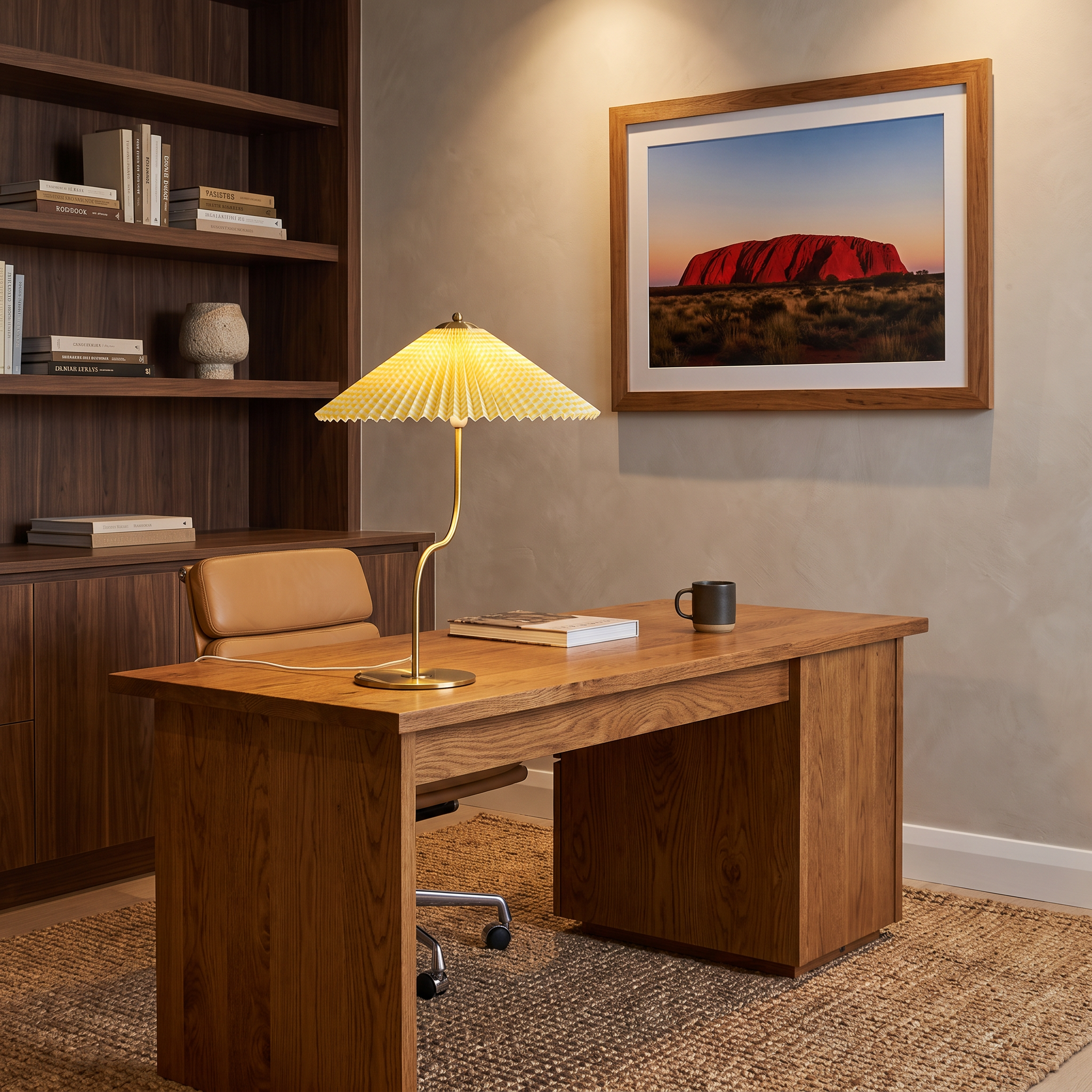 Newton brass table lamp on an oak desk in a home office with Uluru sunset artwork