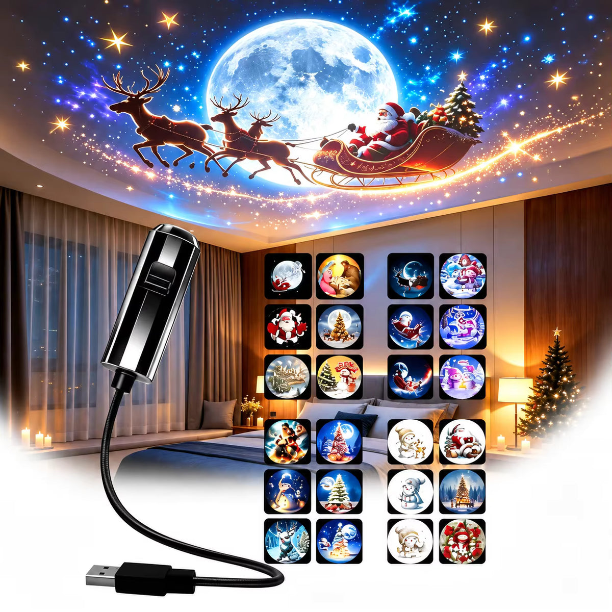 Noelle black projector light with 24 Christmas slides casting Santa's sleigh across a ceiling