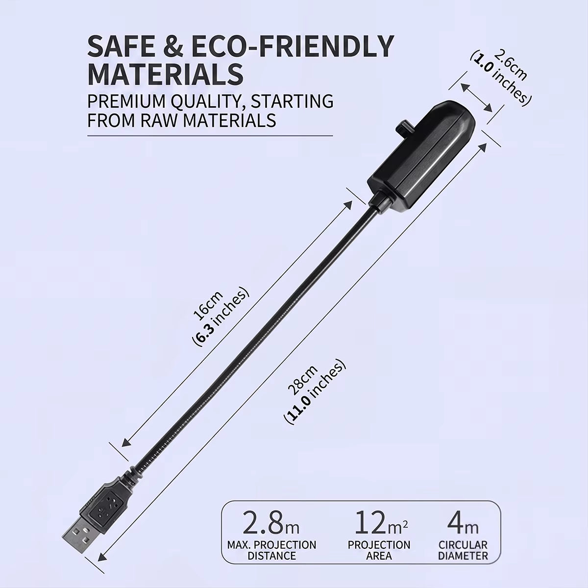 Noelle projector light dimensions, 28cm long with a 16cm gooseneck, 2.6cm head and 2.8m throw