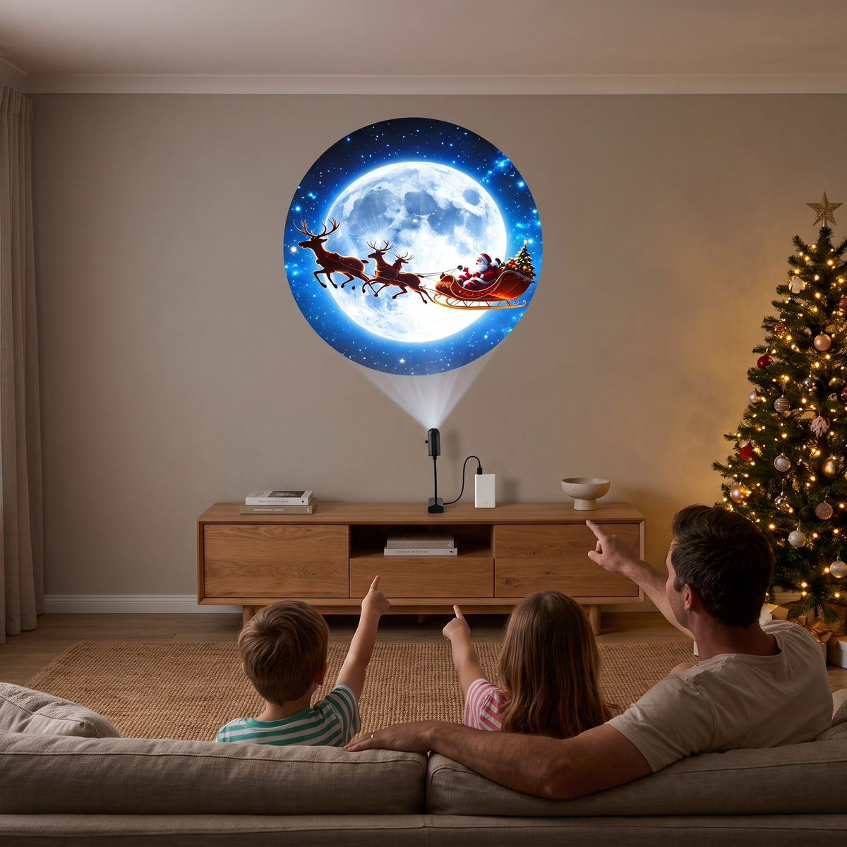 Noelle Christmas projector light projecting a moon and sleigh in a family living room