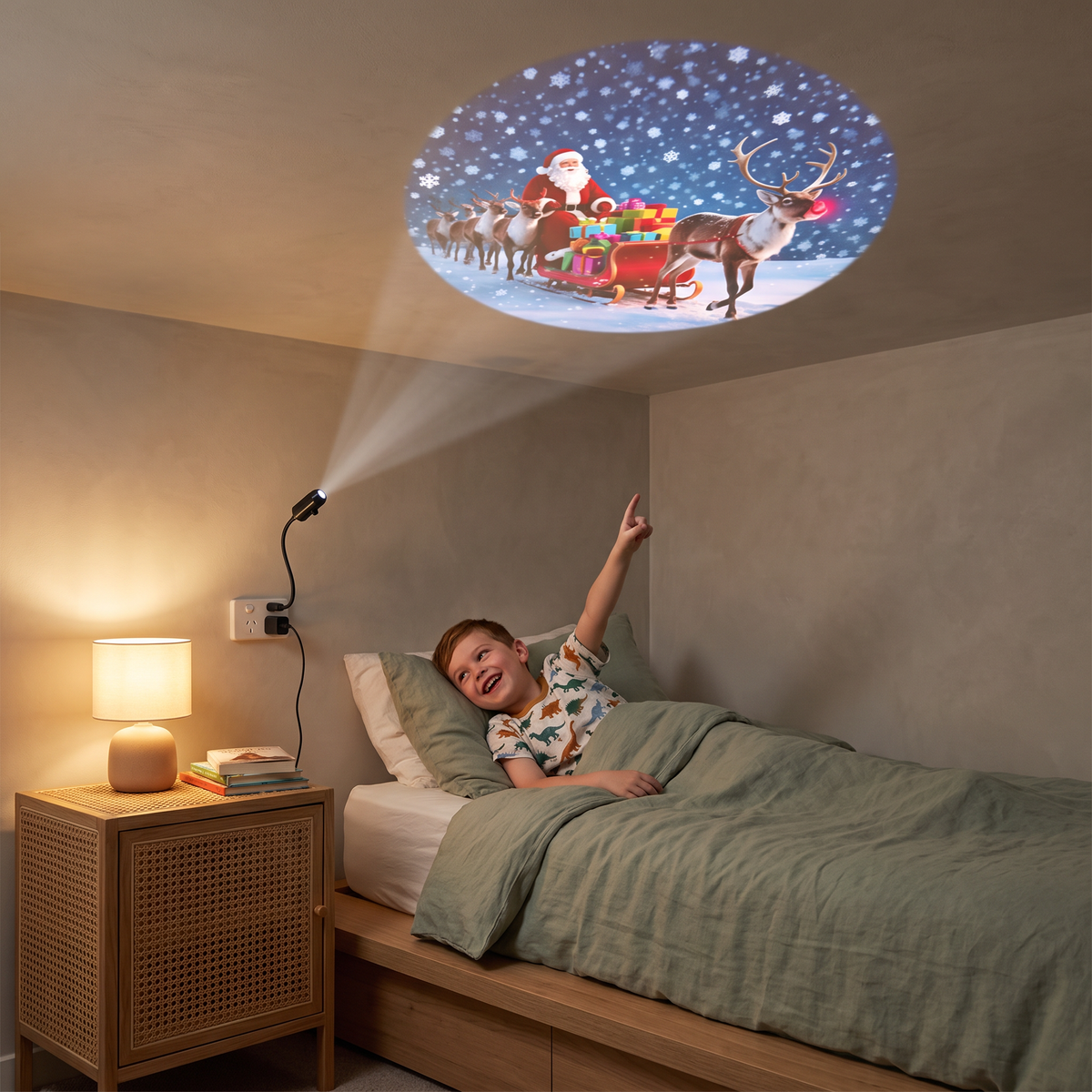 Noelle Christmas projector light projecting Santa's sleigh onto a kids bedroom ceiling