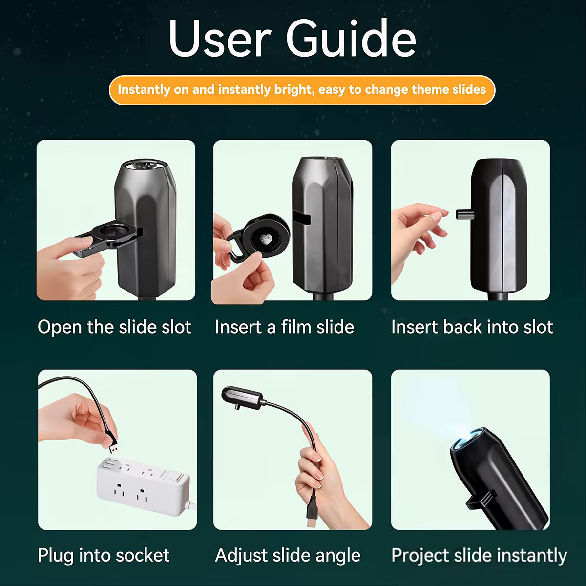 Noelle Christmas projector light user guide for opening the slot and changing film slides