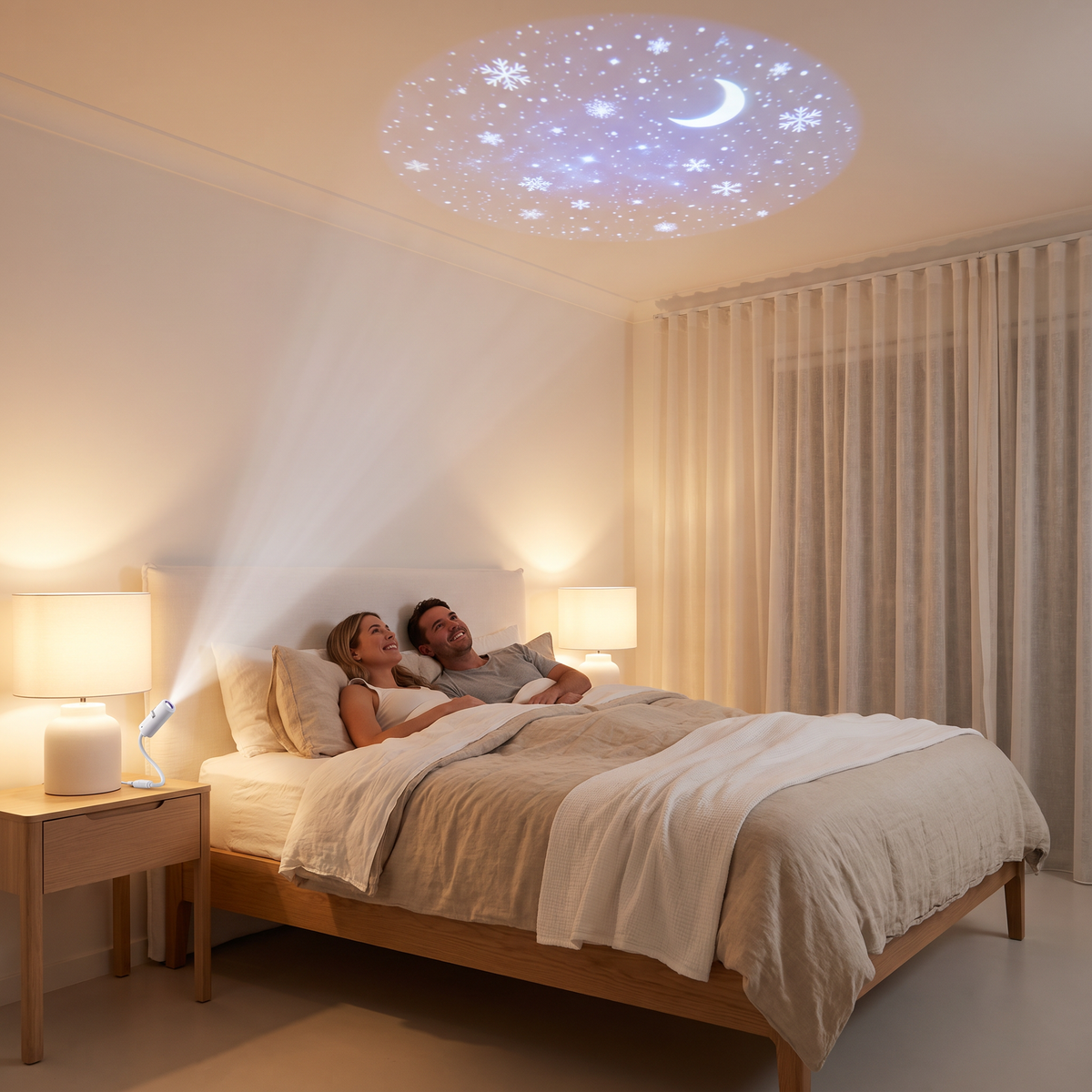 Noelle white projector light projecting a starry sky onto a bedroom ceiling