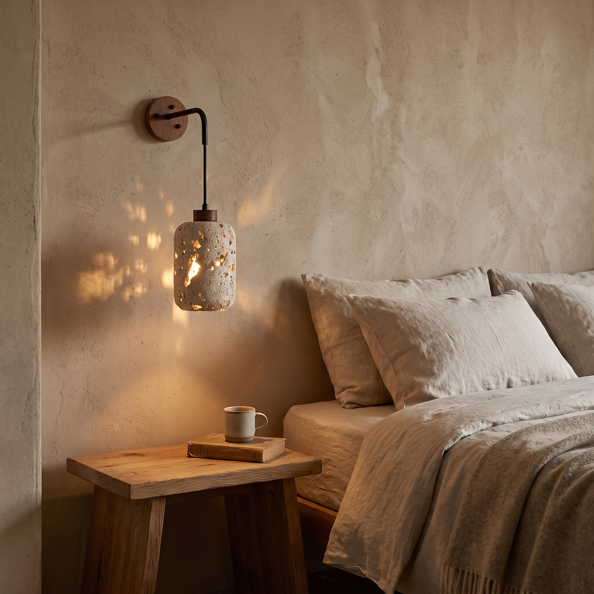 Nora travertine wall sconce in a bedroom