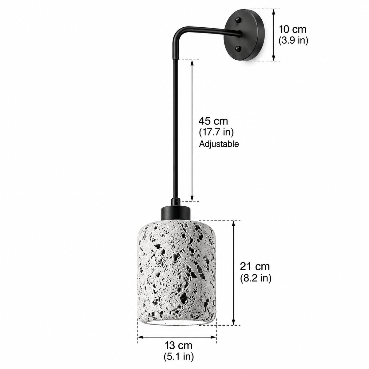 Nora travertine wall sconce dimensions, 21 x 13cm shade, 45cm adjustable drop and 10cm wall plate