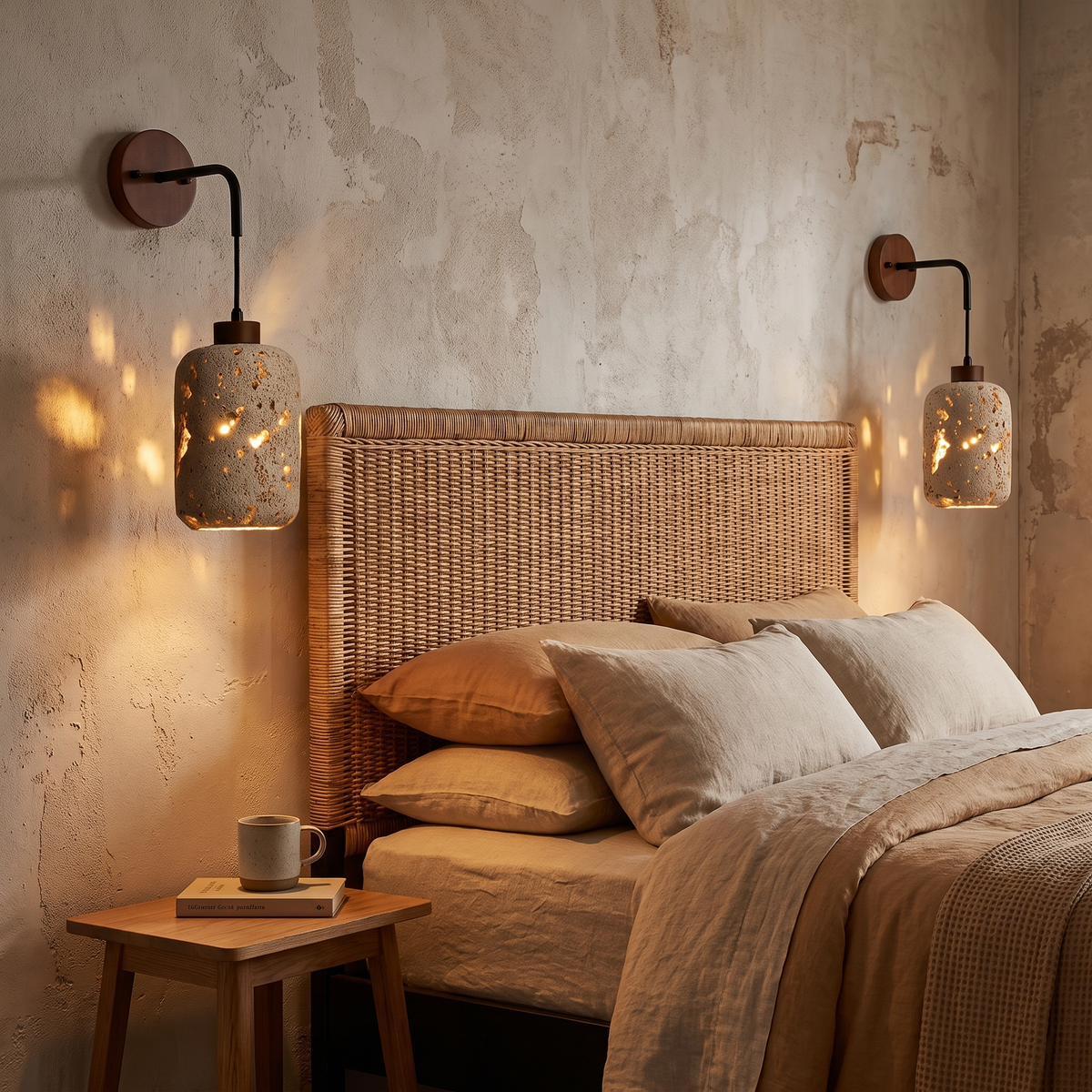 Nora travertine wall sconce in a boutique hotel room