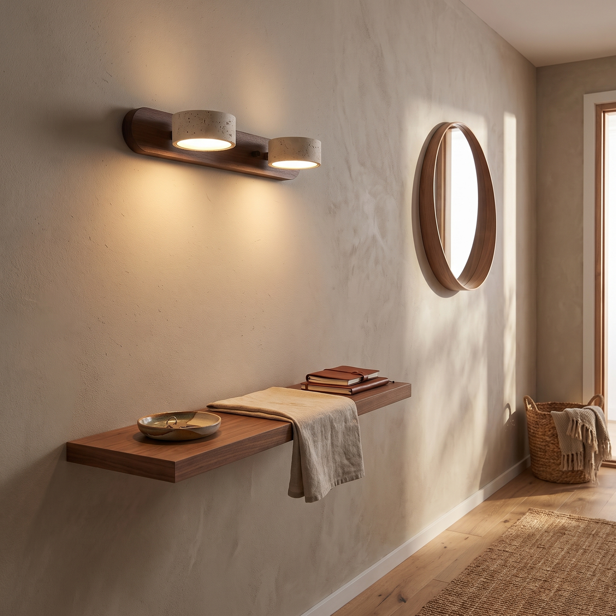 Notu travertine wall light in dark wood with two pucks in a hallway