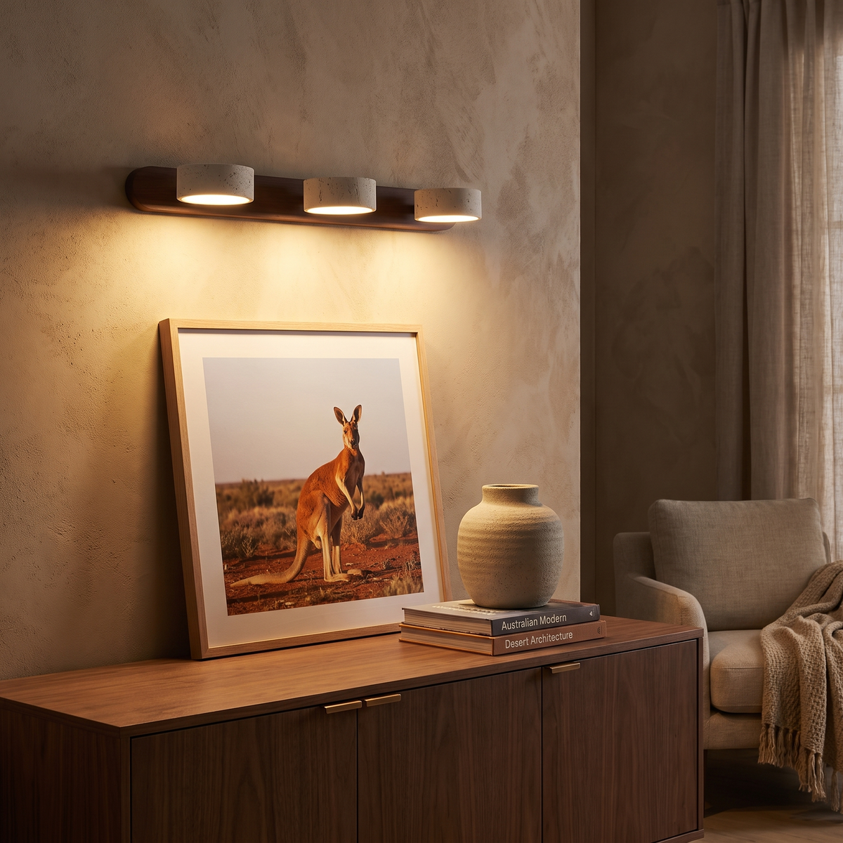 Notu travertine wall light in dark wood with three pucks above a walnut sideboard